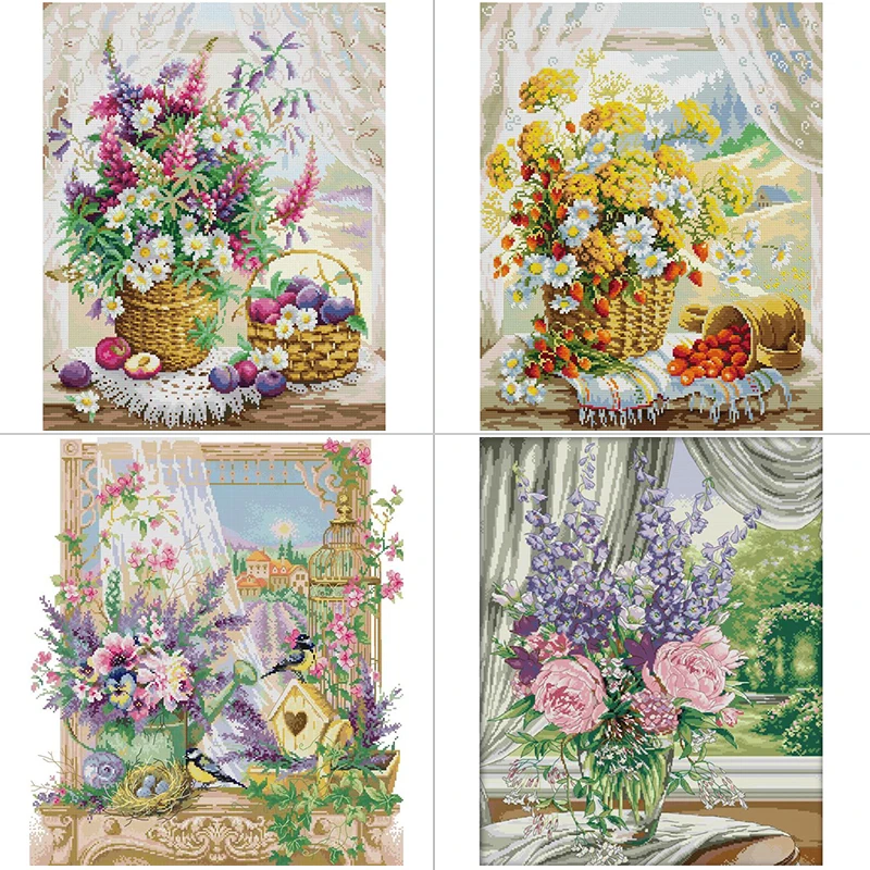 Embroidery X Pattern - Window Sill Flower Basket Floral Patterns