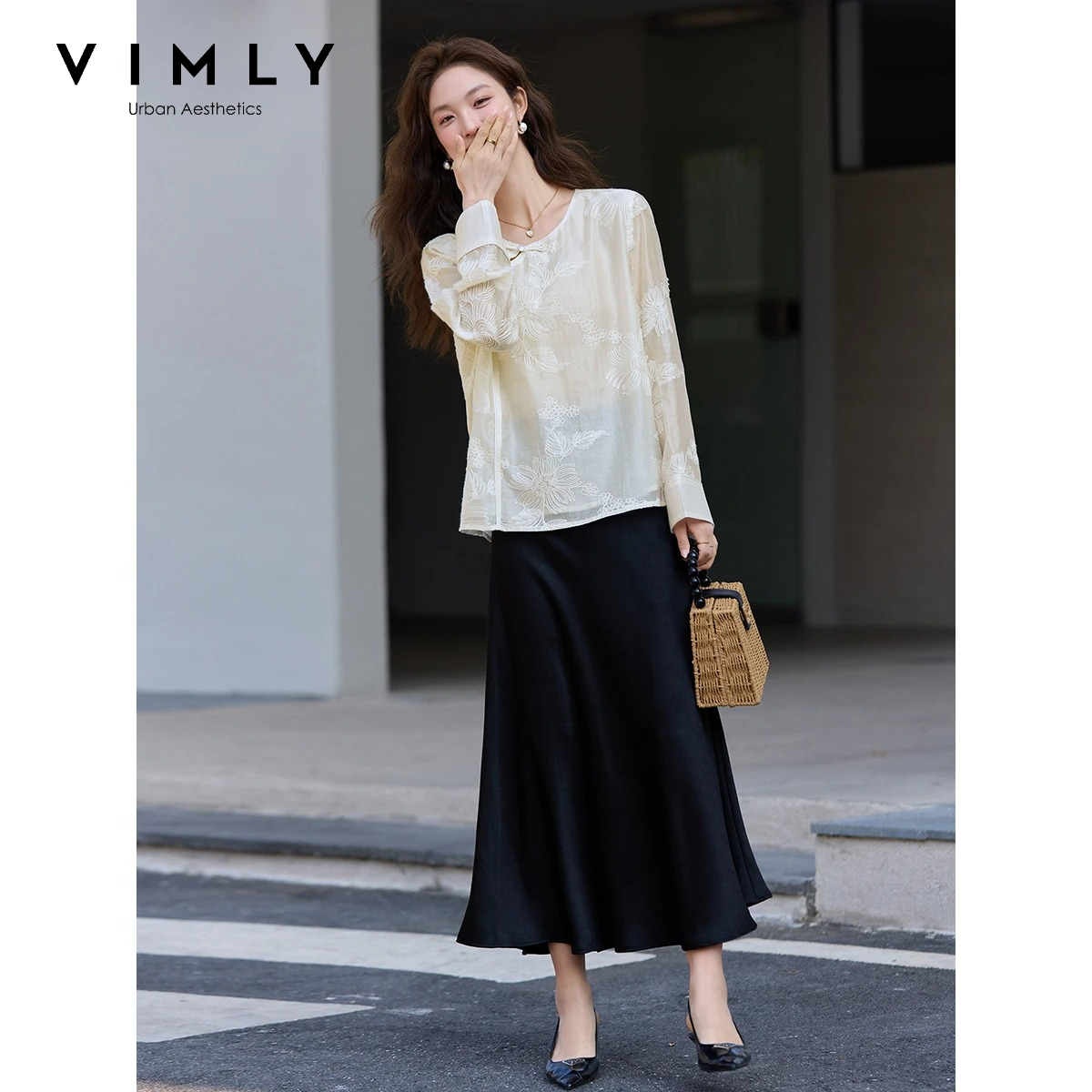Embroidery Blouse - VIMLY Apricot New Chinese Embroidered Chiffon