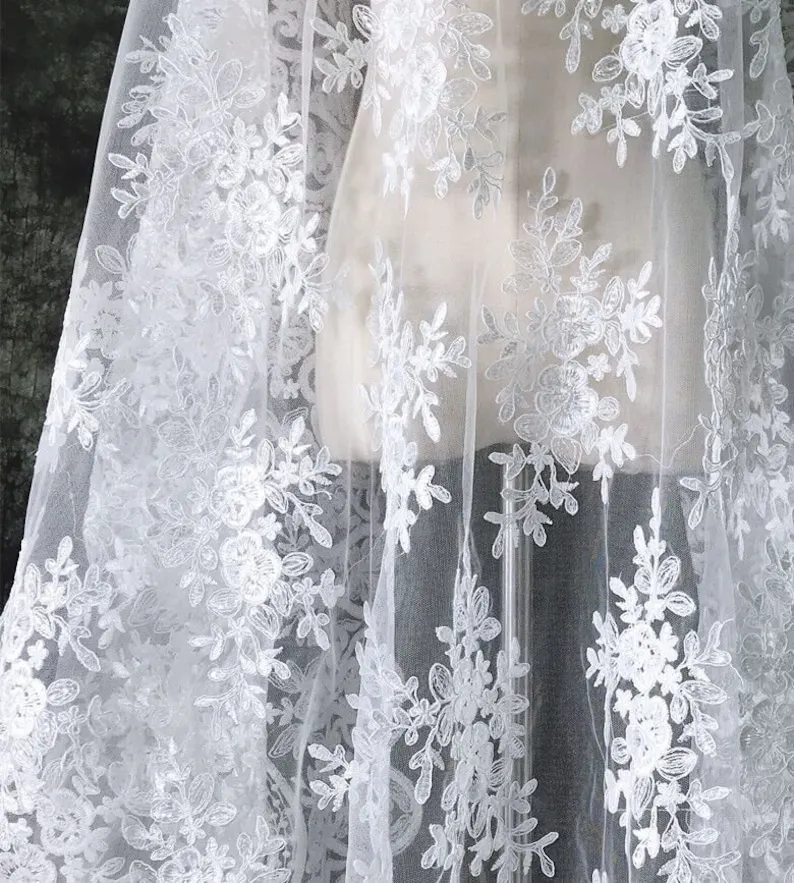 Embroidery Veil - White Vintage Flower Embroidery lace fabric
