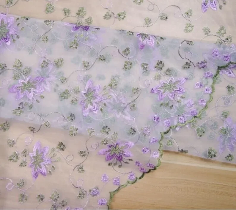 Embroidery Veil - Exquisite flower embroidery Lace Fabric Purple
