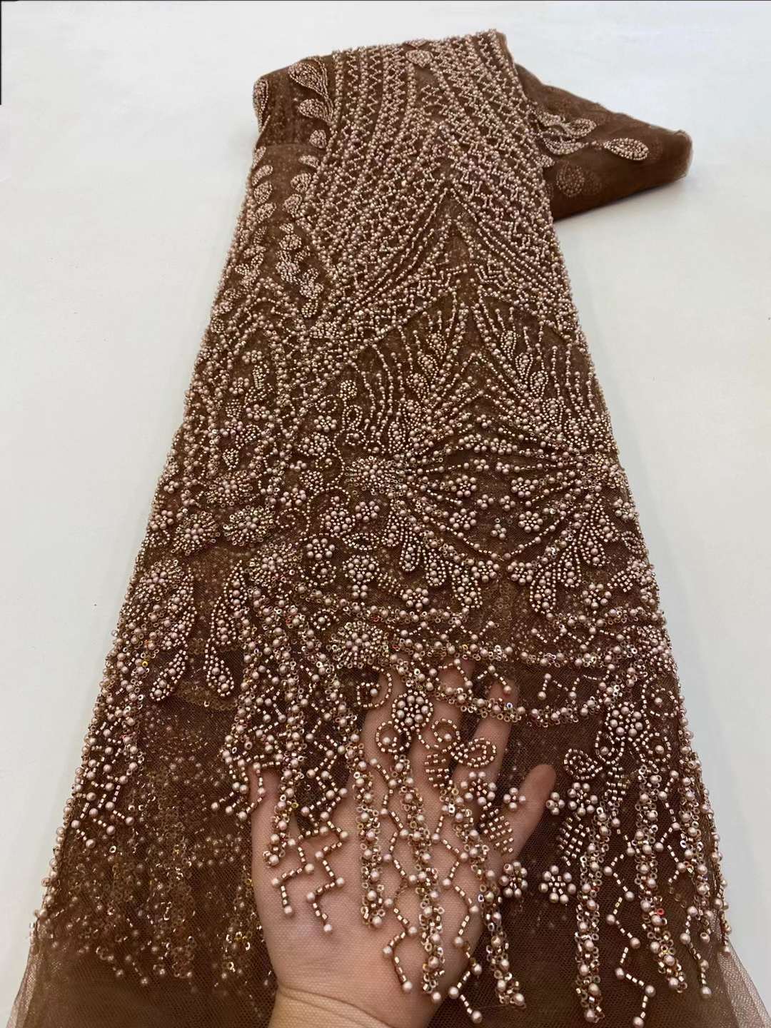Embroidery Net Fabric - Brown Sequin Beaded Embroidery Lace Fabric
