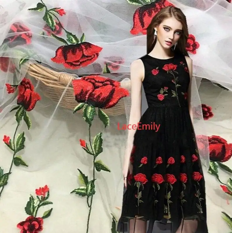 Embroidery Veil - Red Rose Lace Fabric flower embroidery