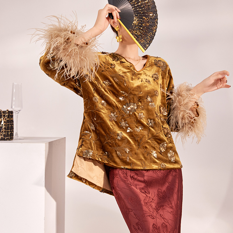 2025 Winter Feather Cuff Blous - Embroidery Blouse 评论和价格