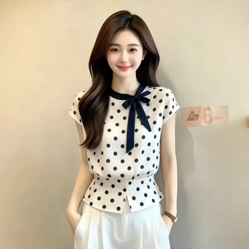 Women Polka Dot Bow Tie Neck C - Embroidery Hat Machine 评论和价格