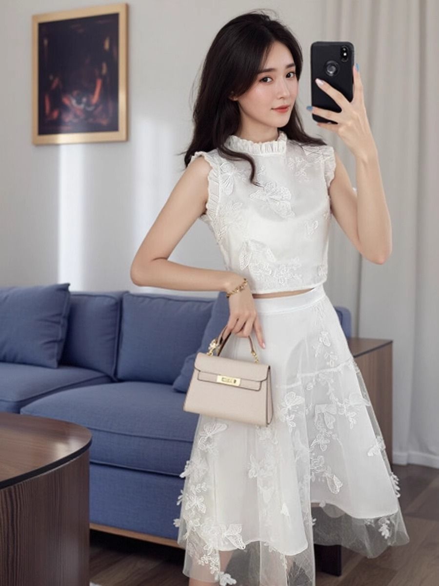 New Summer High End White 2 Pi - Embroidery Blouse 评论和价格