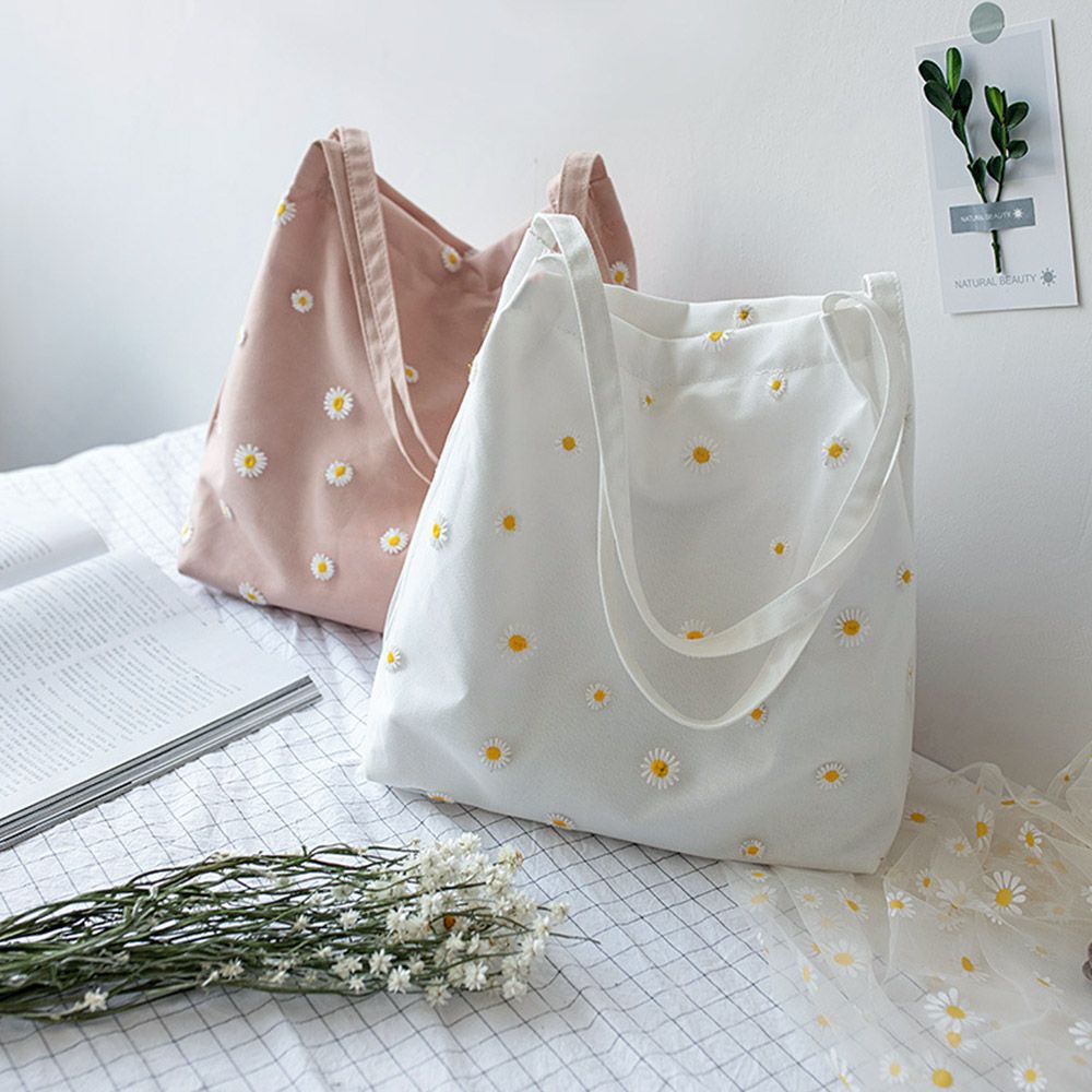 Women Canvas Bags Girls Shoppi - Embroidery Daisy Flower 评论和价格
