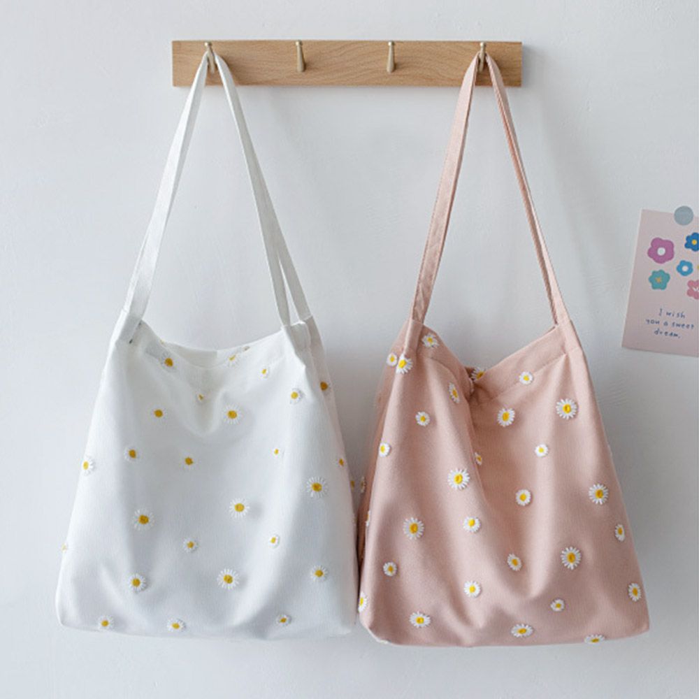 Women Canvas Bags Girls Shoppi - Embroidery Daisy Flower 评论和价格
