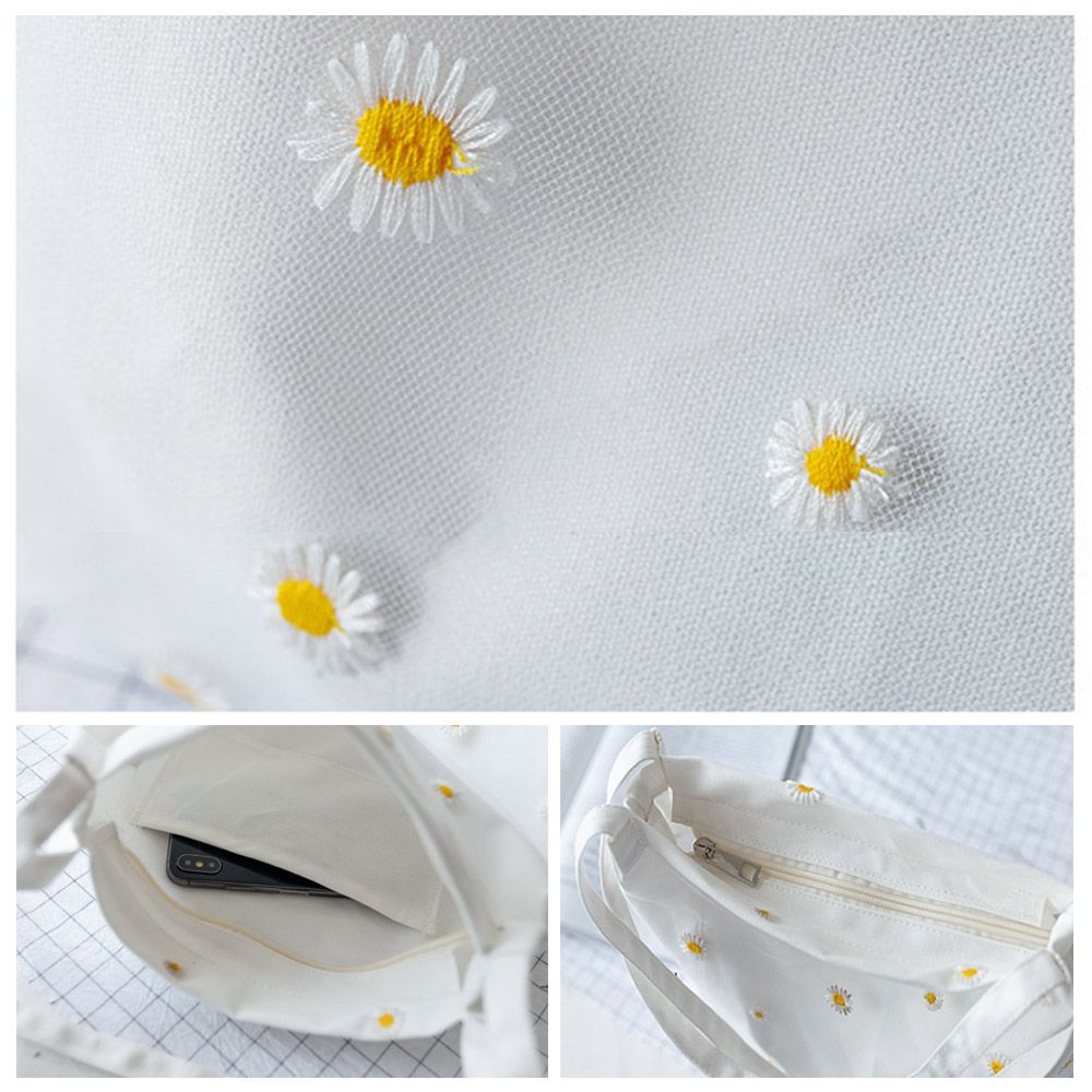 Women Canvas Bags Girls Shoppi - Embroidery Daisy Flower 评论和价格