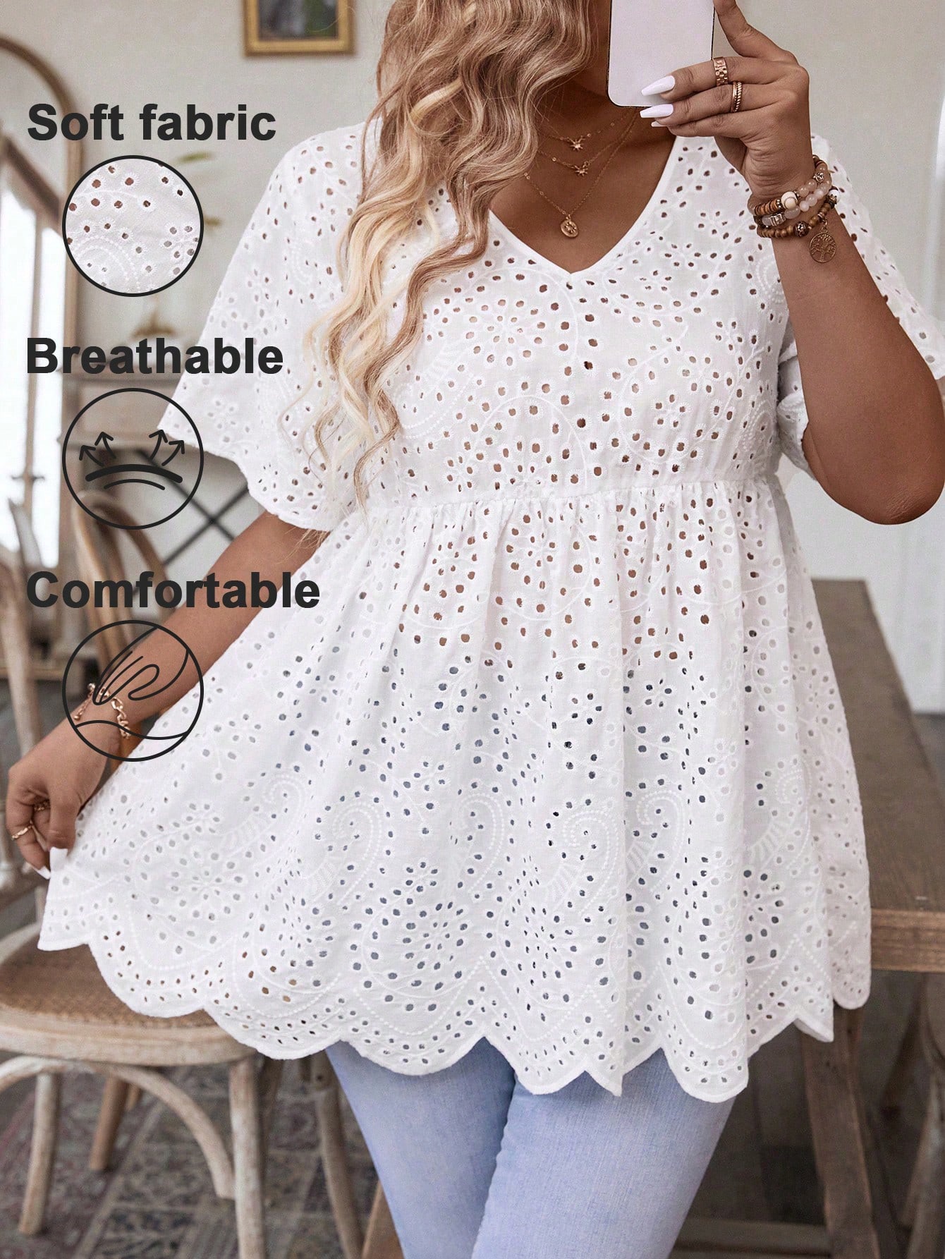 Women's Plus Size White Eyelet - Embroidery Blouse 评论和价格