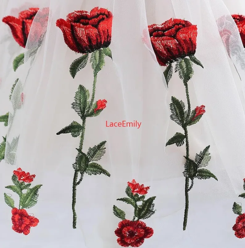 Red Rose Lace Fabric flower em - Embroidery Veil 评论和价格