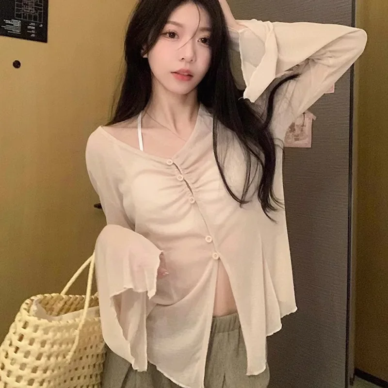Sheer Flare Sleeve Blouse - Y2 - Embroidery Blouse 评论和价格